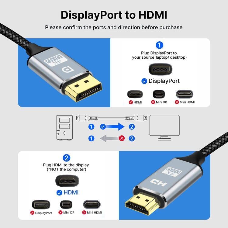 4K DisplayPort do HDMI kabela 10ft, [aluminijska školjka, najlonska pletenica] Velika brzina,