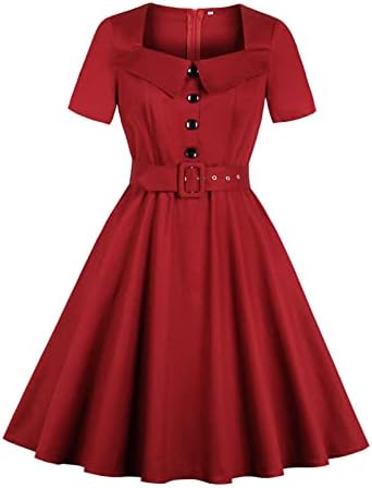 Ženske Puff kratke rukave homecoming Dress Vintage 1950s Party Swing haljine sa dugmadima kvadratnog vrata