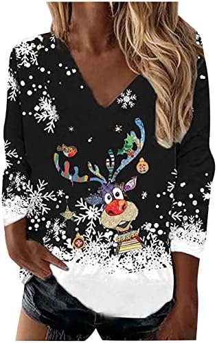 Božić majice za žene Snowflake Heart grafički Casual Dugi rukav pulover Tee Top labavi V-izrez