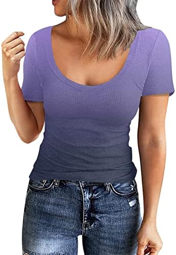 Osnove Tee Shirt Žene Žene Rebraste Opremljene Pletene Košulje Kratki Rukav Scoop Vrat Osnovne Uske Majice Henley