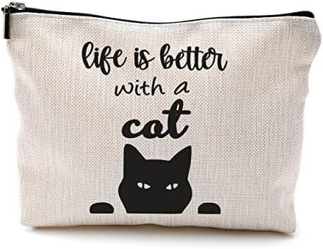 AIEVFU Life is Better with a Cat Makeup Bag, Funny Peeking Cat and Girl Cosmetic Makeup Bag for