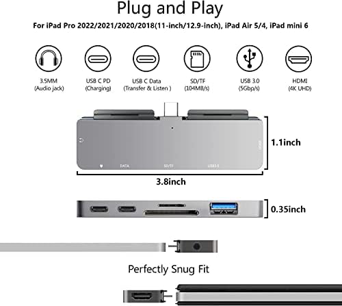 iPad Pro USB C Hub, 7-u-1 Adapter za iPad Pro 2022 2021 12.9 11 inčni iPad Air 5 4 priključna stanica sa 4K HDMI,