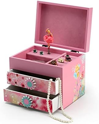 Pink drvena cvjetna tema 18 Napomena Spinning Ballerina muzička kutija - Mnoge pjesme koje treba