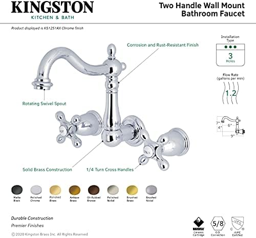 Kingston Brass KS1253AX 8-inčna Središnja zidna slavina za kupaonicu, Antikni mesing