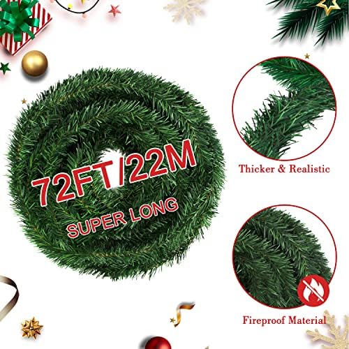 72ft / 22m Božićni ukrasi za božić, Icnow Artificial Pine Garland sa 24 xmas kugličnim ukrasima i 36 crvenih