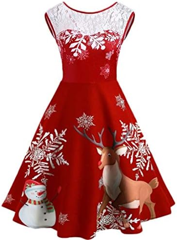 WUAI ženska Božićna koktel haljina bez rukava Vintage sob pahuljica Santa Claus Swing a-Line haljina