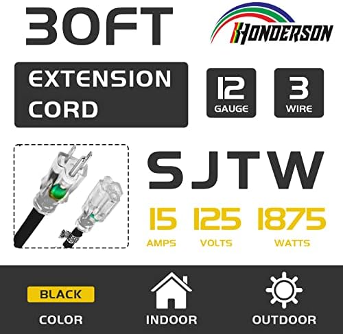 Hondorson 30FT 12/3 rasvijetljeni vanjski dodatni kabel - 12 mjerača 3 prong sjtw teška crna produžetka