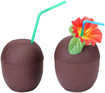 AMOSFUN 2PCS COCOUT šalice za havajska luka sa HIBISCUS Cvijeće slamke Tiki Beach Bazen Party Fun