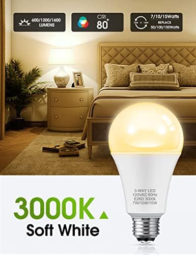 LOHAS 3-smjerne LED Sijalice 50/100/150w ekvivalentne, 3-smjerne LED Sijalice meke bijele 3000k, Zatamnjive A19 LED Sijalice E26 baza za spavaću sobu, kuhinju, dnevni boravak, 2 pakovanja