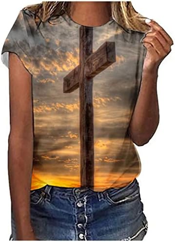 Majica za žene Vintage grafičke košulje Isus Art Cross Print Tunic Tees Kratki rukav Ležerna Tornyy