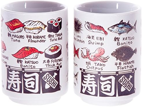 Japanski čaj čaja, suši-yunomi, keramički, tiskani suši i riblje imena i engleskog i kanji, set 2