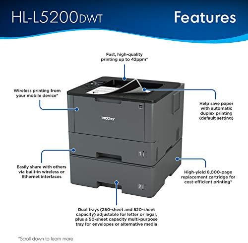 Brother monohromatski laserski štampač, HL-L5200DWT, dvostrano štampanje, bežično umrežavanje,