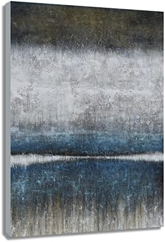 BATRENDY ARTS Abstract Lake and Forest Wall Art plavo bijelo i tamno smeđe platno ulje na
