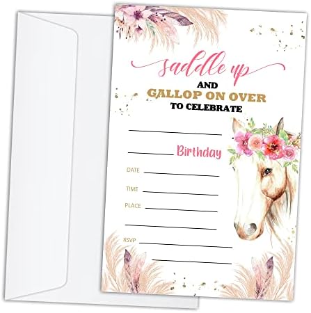 Rlcnot Karte za rođendan sa koverte od 20 - Boho konjski poni Cvjetni rođendanski pozivnici za djecu,