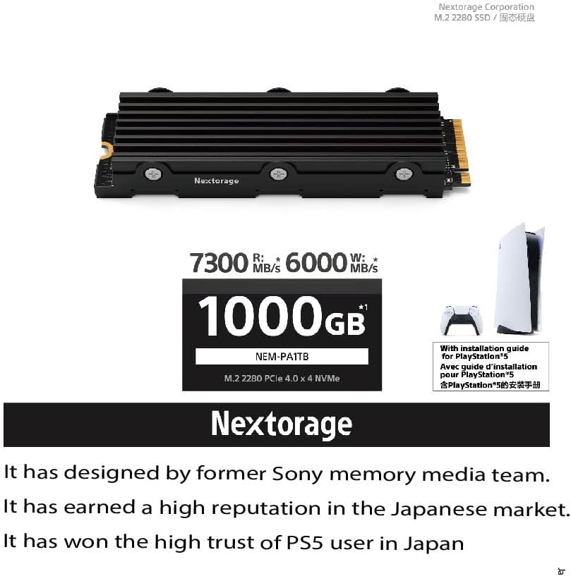 Nextorage Japan 1TB interni SSD rad sa Playstation 5 i PC M. 2 2280 Gen4 NVMe sa hladnjakom NEM-PA1TB/N