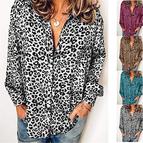 Andongnywell Womens Ležerne prilike V izrez Tunika Dugme s dugim rukavima Leopard majice Bluze