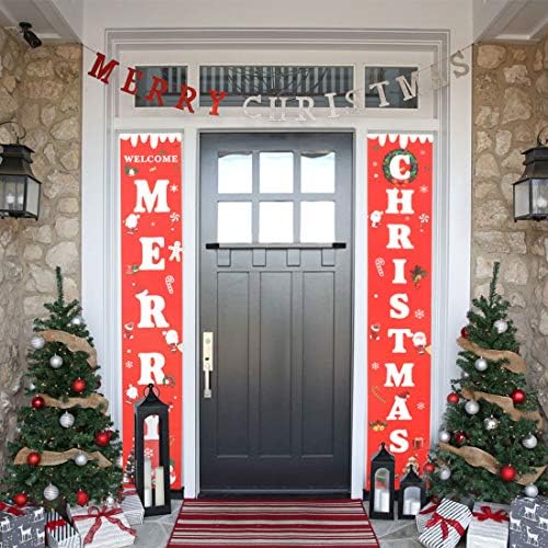 Sretan božićni baneri, prednja vrata dobrodošli božićni trijem potpisuje transparenti crveno viseće Xmas ukrasi