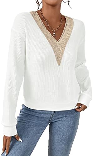 Duks Ženska ležerna kontrastna čipka V izrez dugih rukava Drop na ramenu majica s pulover s pulover