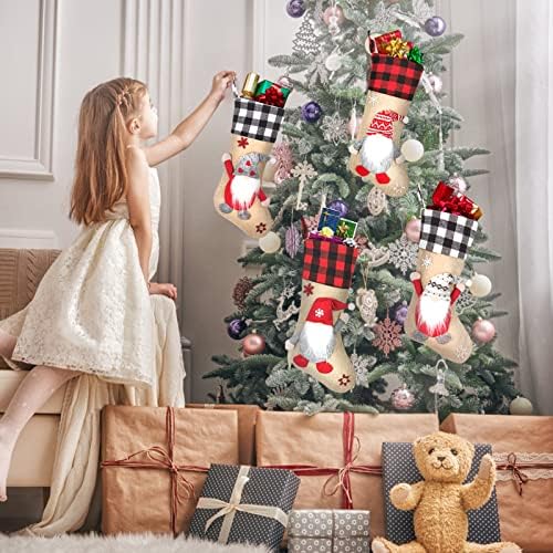 Khoyime Božićne čarape 4 pakovanje, 18 inčni 3D gnomi Santa božićne čarape sa crvenim i crnim