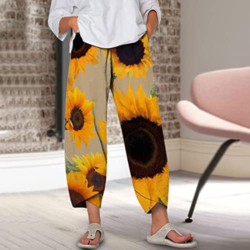 Casual capri pantalone za žene ravno noga pamučna posteljina kapri pant čvrste boje modne joga salon sa džepovima