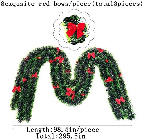 98.5 Božićna folija Tinsel Garland, klasična zelena Xmas folija viseći vijencima Garland sa crvenim lukovima