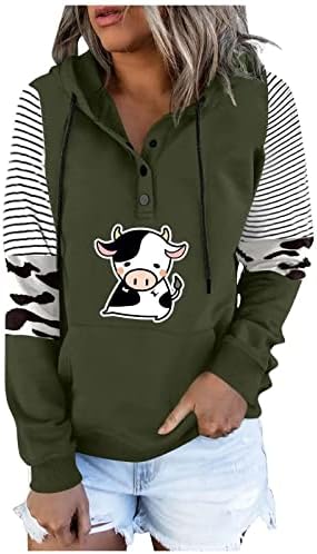Slatke kravlje dukserice za žene sa dugmetom na dole V vrat Henley košulja prugasti Dugi rukav pulover sa