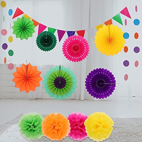 Happyyami 1 set Dekoracija za zabavu Multi-boja viseći papir navijači Pom Poms Cvijeće Garlands String Polka Dot i Trokut zastava za rudanje za rođendanski vjenčanje Fiesta ili Meksički dekor