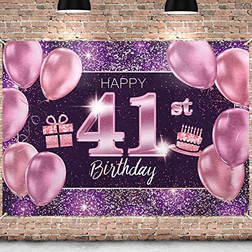 Pakboom Happy 41. rođendan Banner Backdrop - 41 rođendanski ukrasi za žene za žene - ružičasta ljubičasta