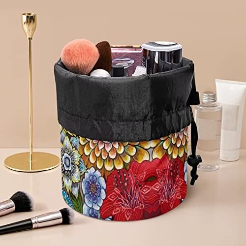 Poceacles Boho torba za šminkanje s cvjetnim printom, Prijenosna sklopiva putna kozmetička torba velika bačva