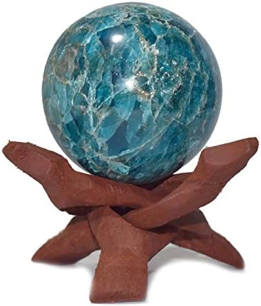 Iscjeljenja4u sfera plava apatitna veličina 2,5-3 inča i jedna drvena kuglasto štand prirodna