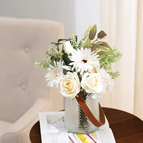 Raynecol Artificial Roses cvijet sa vazom, lažni aranžman cvijeća za rustikalni kućni ured, lažni svileni cvjetni