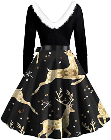 Krzneni Božić haljina za ženske Vintage 1950's Božić Dugi rukav haljina V izrez Rockabilly prom