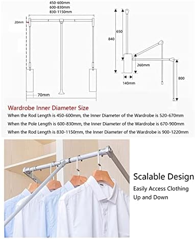 OUSS Podesiva viseća Lift Odjeća ormar šina ormar produžna vješalica za odjeću širina šine 450-600mm