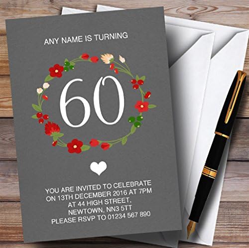 CARD ZOO crveni cvjetni vijenac sivi rustikalni 60. personalizirani pozivnice za rođendan