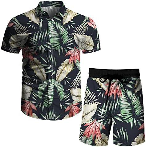 Buyjya Muška košulja kratkih 2 komada Havajski setovi casual gumb dolje cvjetno trenerke plaže