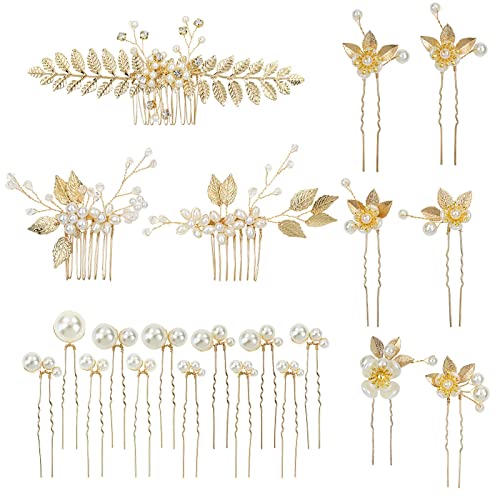 inSowni 21 paket zlatni list cvijet svadbeni vjenčanje kosa bočni češljevi+biseri u obliku slova U igle za kosu