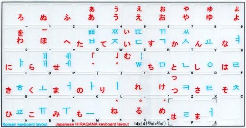 Korejski-japanski Hiragana tastatura oznake na transparentnoj pozadini sa crvenim & amp; plava slova