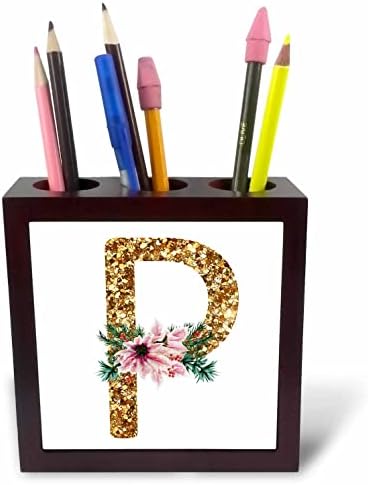 3dRose Pink Poinsettia slika zlata Glitter Božić Monogram. - Držači Olovki Za Pločice