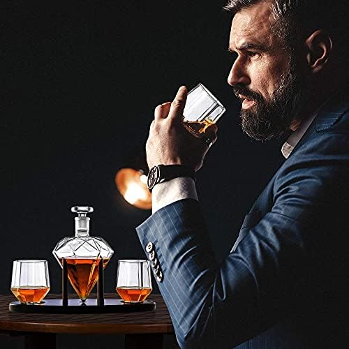 Whisky Decanter dijamant u obliku sa 2 dijamant naočare & mahagonija drveni držač – elegantan ručno izrađen staklo