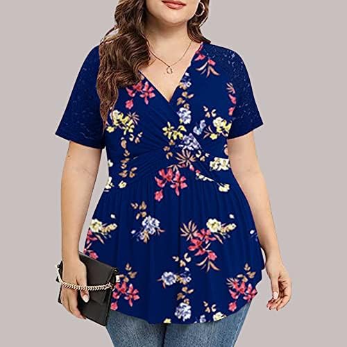 Plus size Ljetna majica za žene V izrez Ruffled cvjetni tiskani tunički vrhovi Dressy CACH kratkih rukava