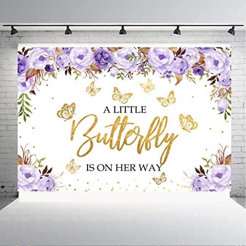 Aperturee A Little Butterfly je na putu Baby Shower Backdrop 6x4ft ljubičaste Floral Gold Dots djevojke