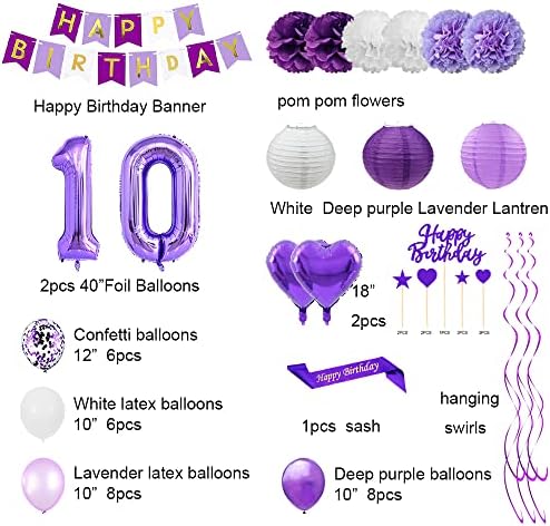 Santonila Purple Dekoracije 10. rođendana Set Happy Rođendan Baner Sash i Tort Topper broj
