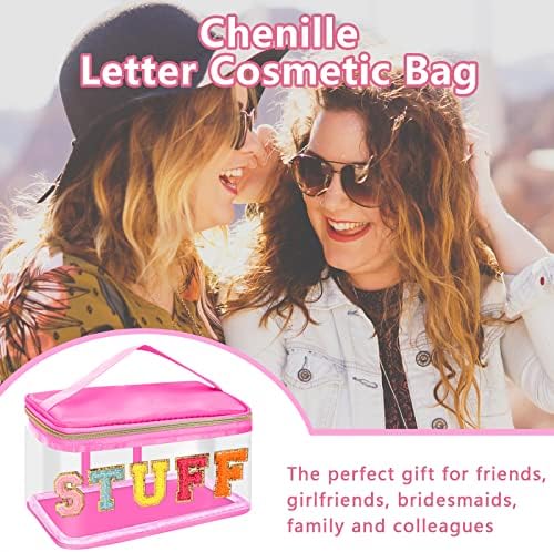 Iqimott Preppy Clear Makeup kozmetička torba za Ženska putovanja, najlonska PVC Chenille Glitter Letter