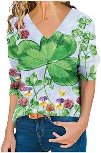 Funny St Patdy Patrick V-izrez Majica za žene Roll up bluza s dugim rukavima Irska Shamrock Print majica