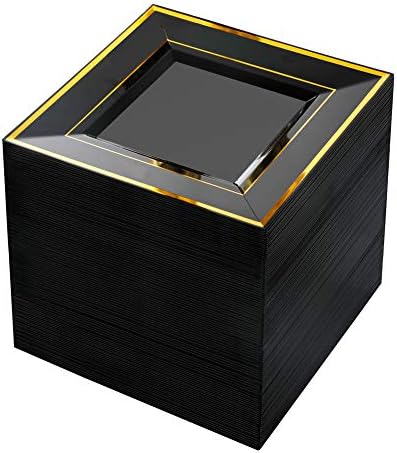 bUCLA 100kom Crni kvadratni plastični tanjiri sa zlatnim obodom-6inch ploče za torte za jednokratnu