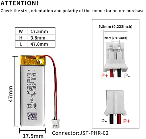 Eemb litijum-polimerna baterija 3.7 V 200mAh 351745 Lipo punjiva baterija sa žičanim JST konektorom za