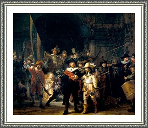 Alonline Art-Rembrandtova Noćna straža / slika u srebrnom okviru štampana na pamučnom platnu,