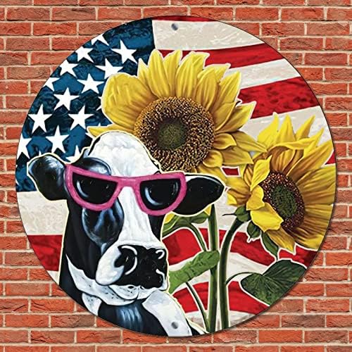 Okrugli metalni znak Weacketedre USA zastava Suncokreti i cvjetne farme Životinje Dekorativni zidni
