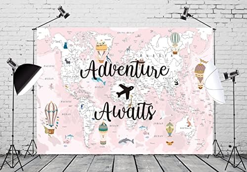 BELECO 7x5ft Fabric Adventure čeka pozadina Pink Karta Svijeta Travel tematske dekoracije za zabave Airplane Baloni
