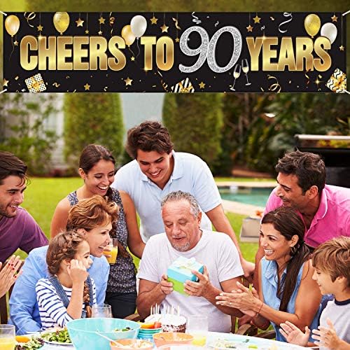90. rođendan Baner, sretan 90. rođendan ukrasi s nazvanjima do 90 godina, crni zlatni sjajni rođendan potpisuje